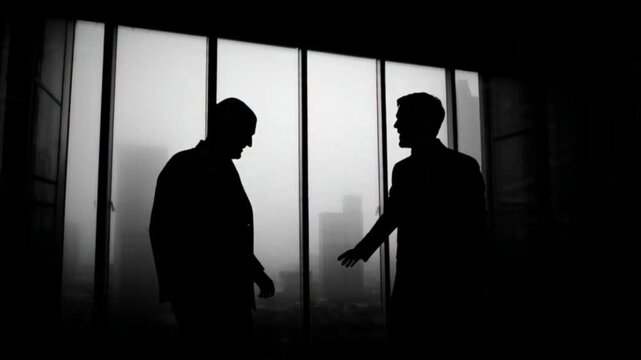A moment of intense professional dialogue captured in striking silhouette, two business figures poised against a hazy urban backdrop, illustrating key decision-making