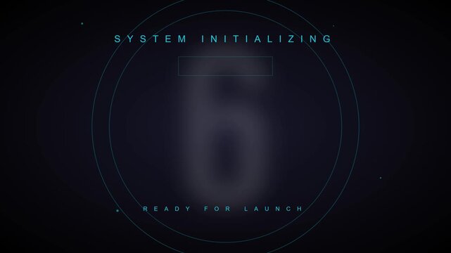 Digital countdown on a black background and glitch effects. Abstract background with system initializing and data stream text.