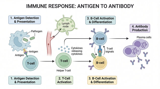 Immune system's intricate dance revealing Antigen detection T-cell activation and robust Antibody production for body defense
