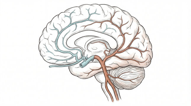 Illustrating the intricate network of crimson arteries and azure veins supplying lifeblood to the complex human brain