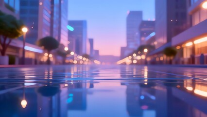 Naklejka premium A dreamy, twilight cityscape filled with soft bokeh lights and shimmering reflections.