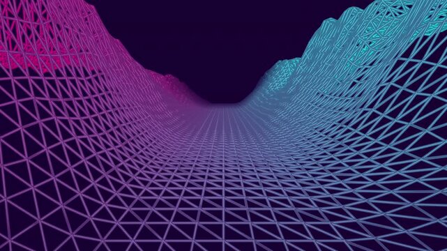 Procedural 80s retrowave wireframe landscape. Computed geometric neon mountains seamlessly loop alongside an infinite scrolling grid, leading to a static striped sun against a deep purple fog.