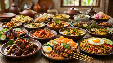 Obraz premium Wide macro-style composition featuring a variety of richly textured traditional dishes.