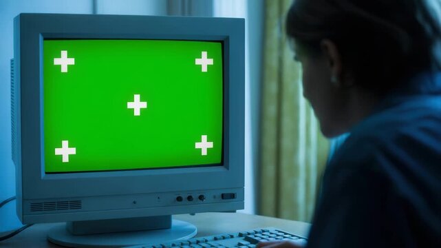 Woman working on computer with green screen for custom content