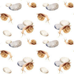 watercolor tiny brown snail with spiral shell, horns on head and spotted gray stones, seamless pattern of hand drawn garden theme sketch, slimy animal, spring and summer illustration for decoration © TATIANA