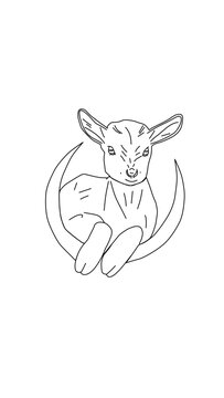 Minimalist Line Art Illustration of a Baby Goat Sitting on a Crescent Moon