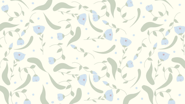 Floral Seamless Pattern with Delicate Blue Flowers and Sage Green Leaves on Cream Background
