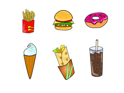 Fast Food Vector Sticker Set with Burger, Fries, Donut, Ice Cream, Wrap, and Soda
