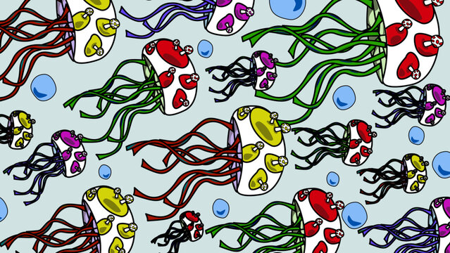 Seamless Pattern with Surreal Mushroom Jellyfish and Bubbles on Light Blue Background