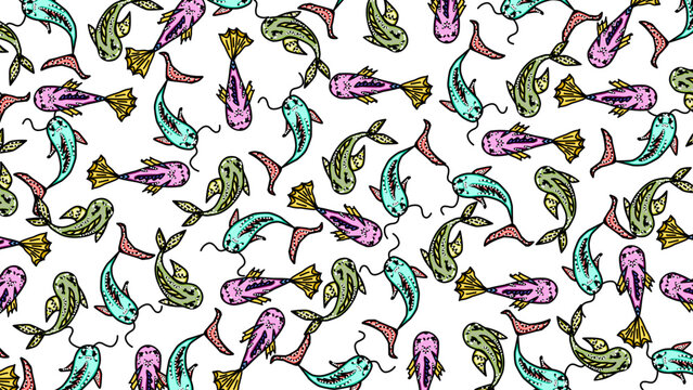 Seamless Pattern with Colorful Japanese Koi Fish in Traditional Sketch Style