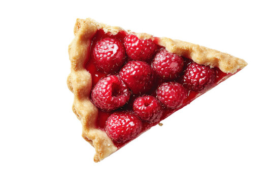 A slice of raspberry pie with a few berries on top. The pie is cut in half and the berries are scattered around the top, png