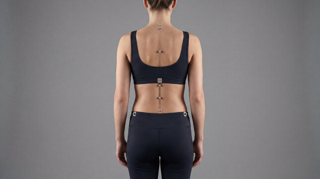 Spinal alignment precision study on a female subject in athletic wear, displaying key anatomical markers against a soft gray backdrop