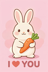 Fototapeta premium Cute Cartoon Bunny Holding Carrot with I Love You Text Pink Background Valentine'S Day Greeting Card Illustration