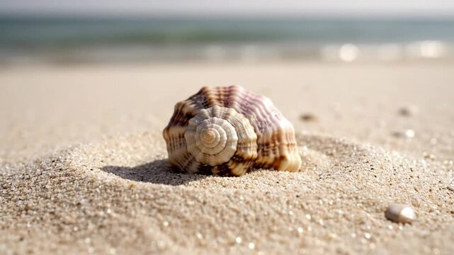 Closeup view of seashell on sandy beach with sunlight and gentle waves in the background