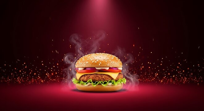 A sizzling burger illuminated under dramatic spotlight with smoke effects