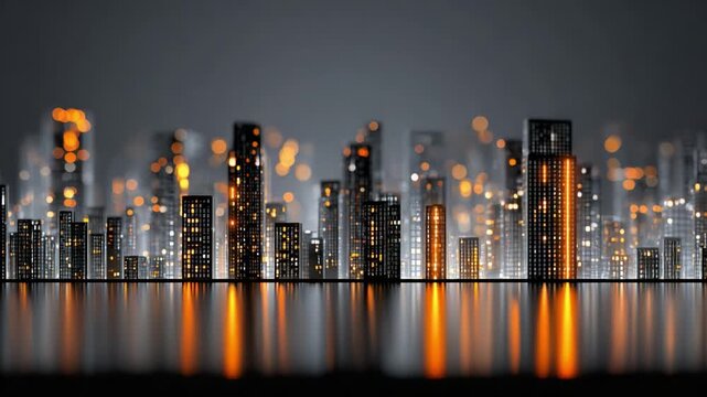 Stunning Urban Skyline at Night Displaying a Mystical Glow from City Lights, Creating a Reflection on Water with Striking Orange and Yellow Hues Against a Dark Background