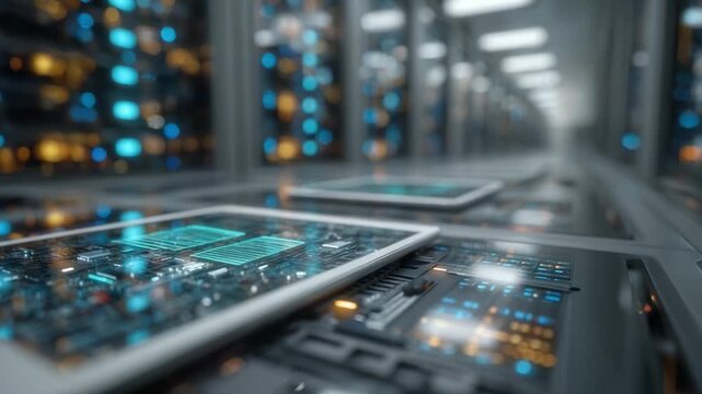 Exploring Advanced Computing: A Close-Up on High-Tech Circuit Boards in a Data Center with Illuminated Connections, Showcasing Digital Innovation and Infrastructure