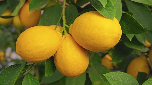Lemon tree with ripe lemons in a greenhouse. Lemons close up.