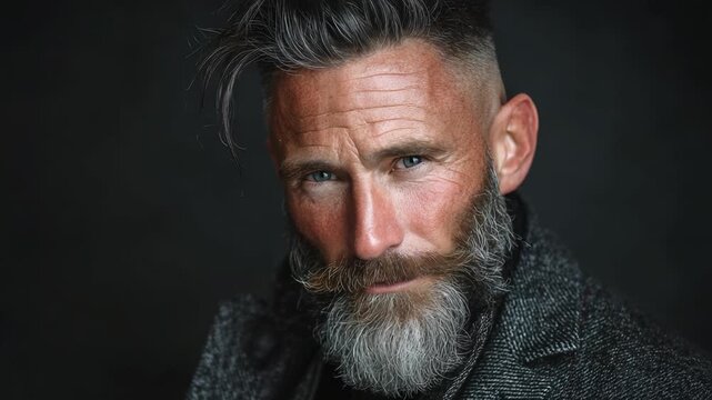 A striking portrait capturing the essence of a charismatic man with a magnificent beard and stylish hairstyle, embodying confidence and masculinity in a timeless manner.