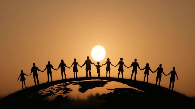 Unity in Diversity: A Silhouette Scene of People Holding Hands Against a Sunset Over the Globe, Symbolizing Solidarity, Togetherness, and Global Connection.
