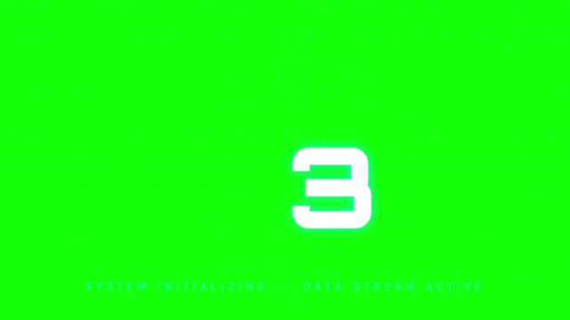 Digital countdown on a green screen background and glitch effects. Abstract background with system initializing and data stream text.