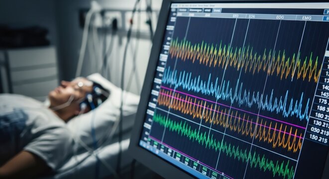 Woman undergoing medical examination with brain activity visible on monitor. EEG procedure for neurological research and sleep study.