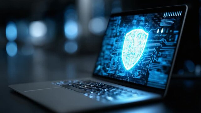 A High-Tech Laptop Displaying a Futuristic Cybersecurity Shield, Emphasizing the Importance of Digital Protection Against Threats and Vulnerabilities in Today&rsquo;s Technology Landscape