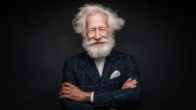 A Distinguished Elderly Gentleman with a White Beard and Stylish Attire, Exuding Confidence and Charisma Against a Dark Background