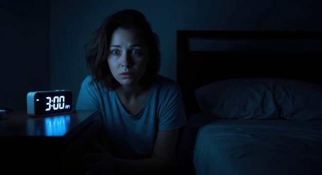 Worried woman having insomnia sitting wide eyed in bed next to a digital alarm clock displaying 3 am. Sleepless night with anxiety and stress.