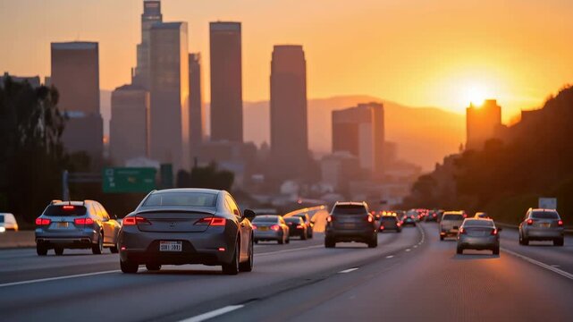 Cars inching forward on a gridlocked highway at sunset, brake lights forming a glowing red river through smog-filled air &mdash; rush hour traffic congestion, metropolitan stress, and modern