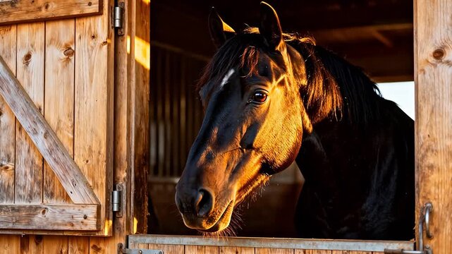 Black horse in wooden stable