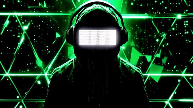 Anonymous computer hacker over abstract digital background. Male hooded hacker with hidden face accessing to personal information on laptop in the dark. Technologic, cyber crime concept.