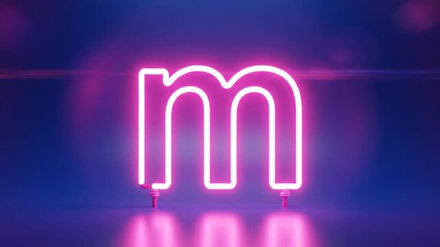 Neon illuminated letter m glowing on a reflective surface against a vibrant blue and pink background