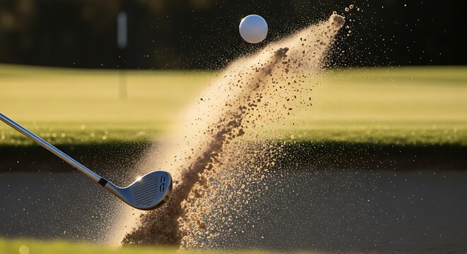 Golf club hitting ball out of sand trap on sunny golf course