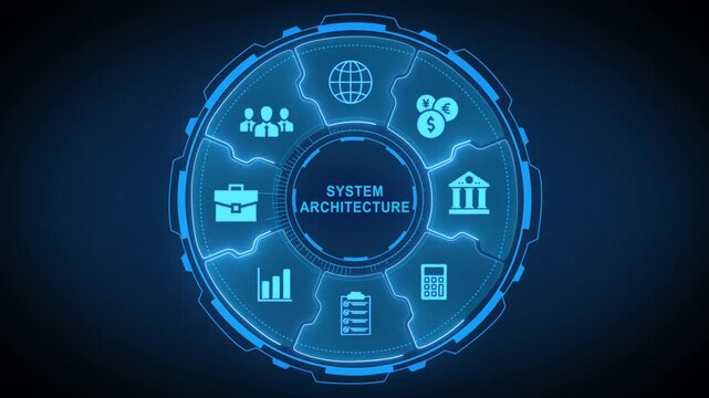 System Architecture Infographic Template with and Graphs on Dark Background for Business and Technology Presentations
