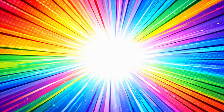 Abstract colorful rainbow background with bright sunburst rays and a vector star pattern creates a glowing light beam illustration for an artistic backdrop