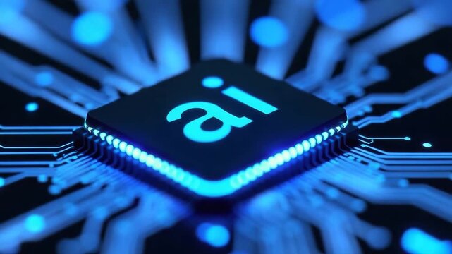 A close-up of a microchip with the letters 'AI' illuminated in blue. The circuit board features intricate patterns and glowing lights, representing advanced technology.