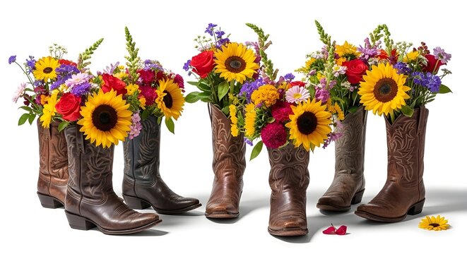 Botas r&uacute;sticas de vaquero con ramos florales, ilustraci&oacute;n de boda occidental, decoraci&oacute;n de estilo de vida campestre, moda vaquera vintage, arreglo floral, encanto sure&ntilde;o, rancho.