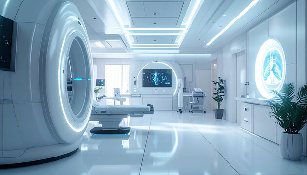 Futuristic medical technology interior style advanced hospital MRI scanning room for healthcare innovation background with copy space