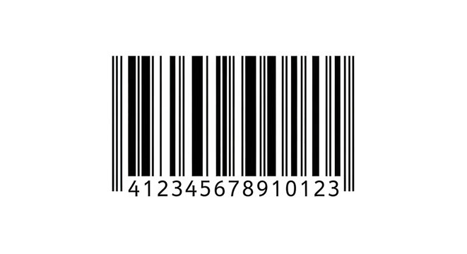 Close-up view of a black and white barcode with a unique number sequence isolated on transparent background