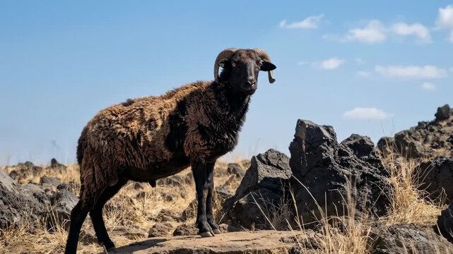 A shaggy dark-brown indian sheep with curved horns stands on a jagged volcanic outcrop amid dry grass, backlit by a clear bright blue sky dotted with a few wispy clouds on a sunlit ridge
