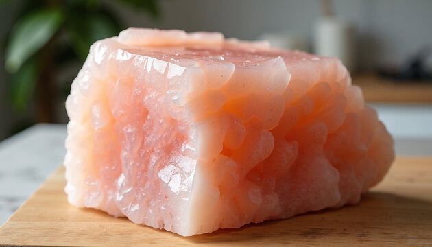 Pink Himalayan salt block on wooden cutting board with greenery  
