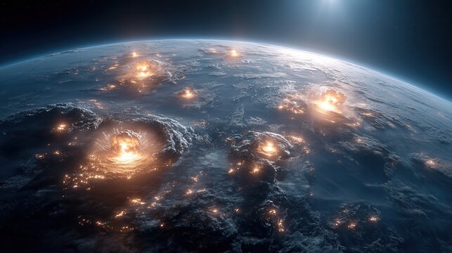 War concept. future war apocalypse planet surface explosion glow crater destruction atmosphere dramatic light science fiction space view orbit dramatic sky global conflict burning earth end world