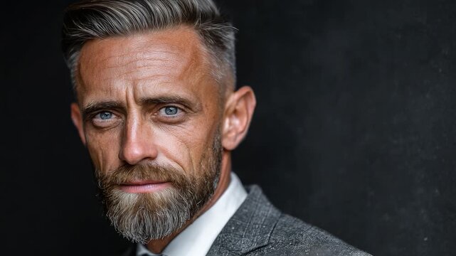 A Confident Man with Sharp Features and a Polished Look, Showcasing a Stylish Grey Suit and Distinctive Beard Against a Dark Background