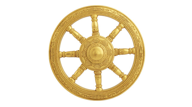 Golden Buddhist wheel with intricate dharmachakra isolated on a transparent background