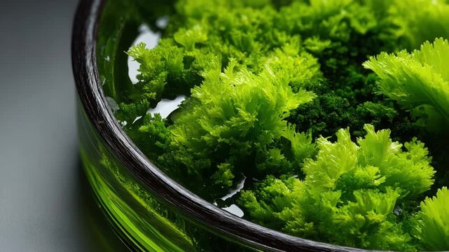 A Close-Up View of Vibrantly Green Aquatic Plants in a Circular Dish, Capturing Their Intricate Texture and Rich Colors Reflecting the Beauty of Nature