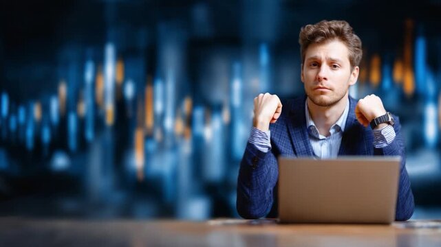 Emotional Journey of Frustration and Reflection: A Businessman Transitions from Confusion to Confidence While Analyzing Data Trends on His Laptop