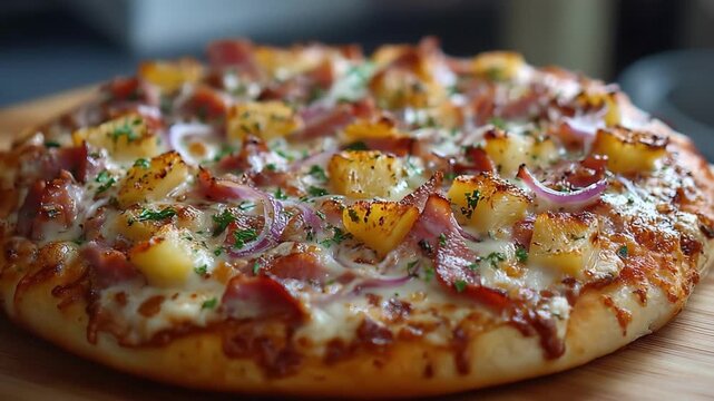 Deliciously Topped Pizza Featuring Pineapple and Ham: A Flavorful Treat with Cheese, Red Onions, and Herbs Combining Sweet and Savory Elements Perfect for Sharing.