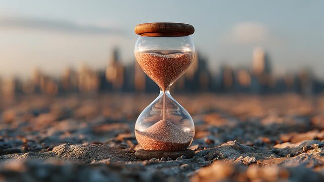 A Close-Up of a Beautiful Hourglass Capturing the Passage of Time, Set Against a Dreamy Urban Landscape Emphasizing Nature&rsquo;s Beauty and Life's Fleeting Moments