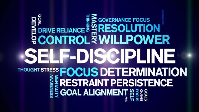 Self-Discipline animated word cloud-text design animation tag kinetic typography seamless loop.